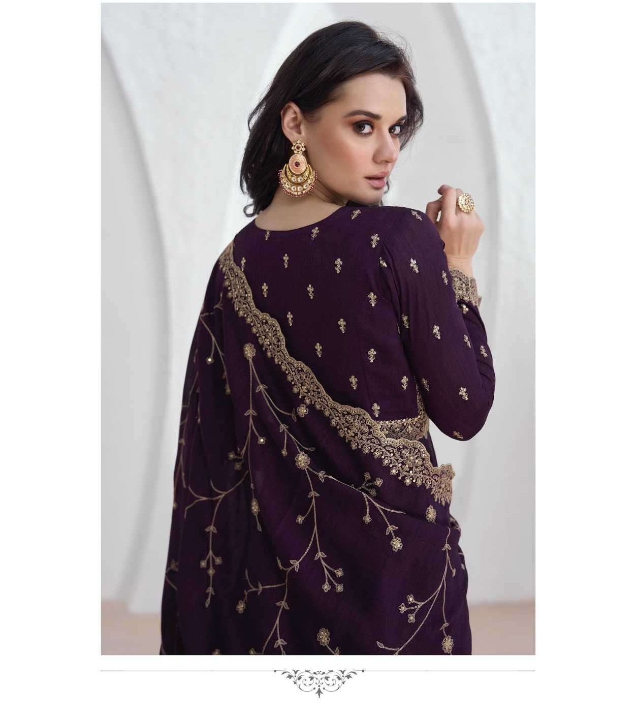 Wine Vichitra Embroidery Lace Work Salwar Suit - Image 4