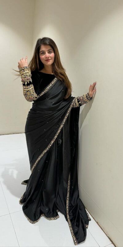 Black 9000 Velvet Embroidery Lace Work Saree