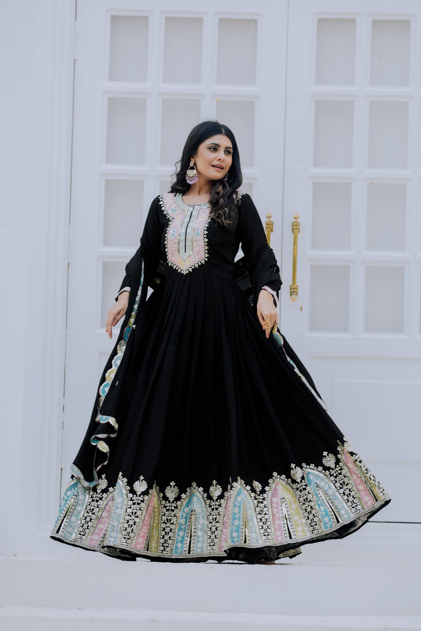 Black Chinon Silk Embroidery Work Salwar Suit - Image 2