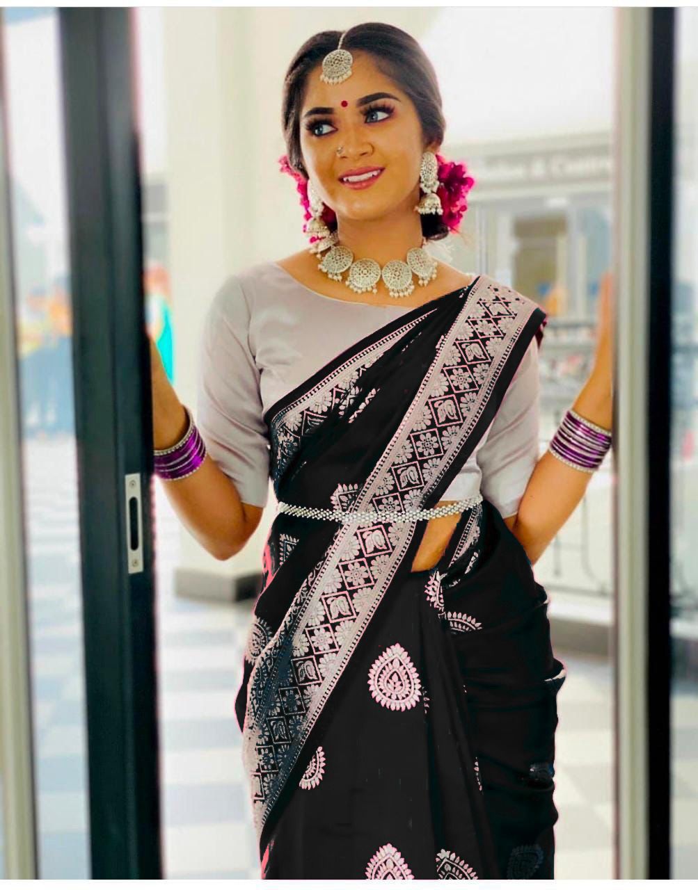 Black Soft Lichi Silk Lace Work Border Saree - Image 2