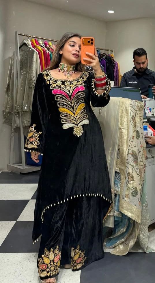 LG 2042 Black Velvet Salwar Suit with Embroidery Work. Wedding, Party, Festive, Events, Festive Deal ₹1999. Delivery 4-6 Working Days. Shop now. | Jump Suits, Tops & Bottoms, Track Suits, Salwar suit, Casual Suits, Creative suits, Designer Suits, Palazzo Suits, Party Wear Suits, Patiala Suits, Straight Suits, Trendy Wear