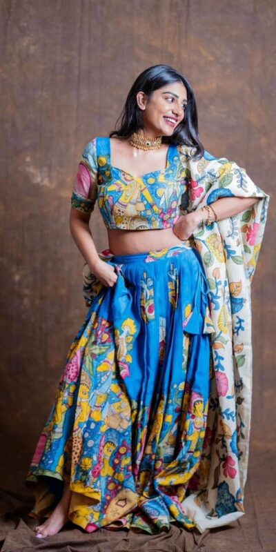 Blue Chent Crep Kalamkari Print Work Lehenga Choli