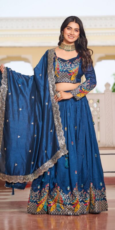 Ram 113 Blue Color Vichitra Lehenga Choli with Embroidery Work. Exclusive Offer ₹3099. Delivery 4-6 Working Days. Shop now. | Lehenga, Bollywood Lehenga, Creative Lehenga, Designer Lehenga, Embroidered Lehenga, Party Wear Lehenga
