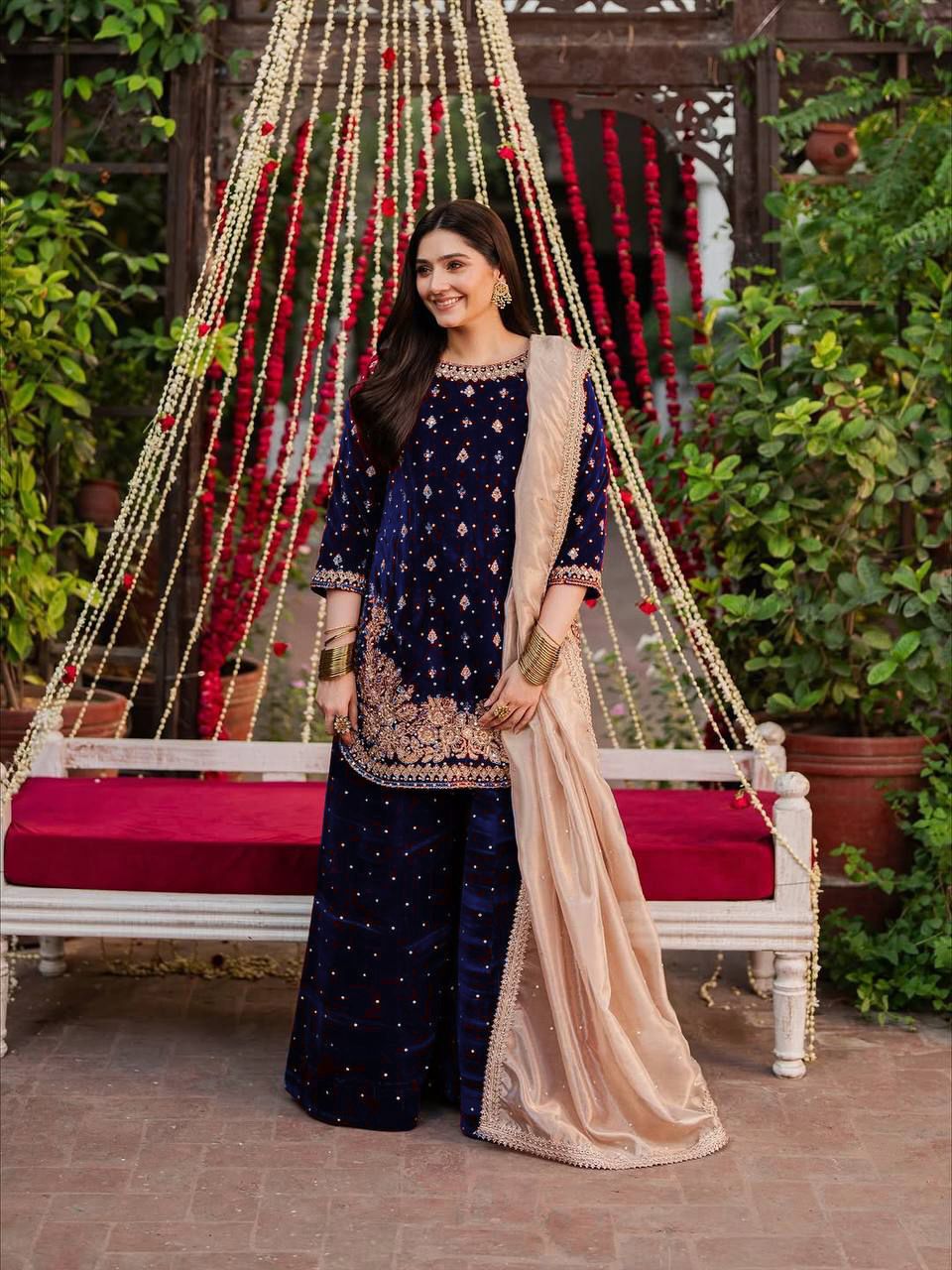 Blue Viscose Velvet Thread Sequence Work Salwar Suit