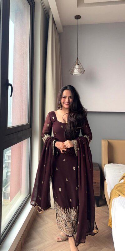 ZSR 3156 Brown Georgette Salwar Suit with Embroidery Work. Wedding, Party, Festive, Events, Grab it for ₹2049. Delivery 4-6 Working Days. Shop now. | Jump Suits, Tops & Bottoms, Track Suits, Salwar suit, Casual Suits, Creative suits, Designer Suits, Palazzo Suits, Party Wear Suits, Patiala Suits, Straight Suits, Trendy Wear