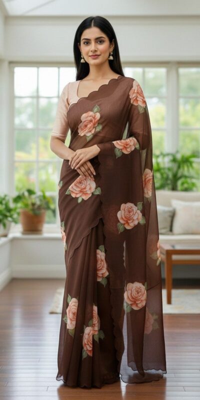 Brown TB Organza Digital Print Saree