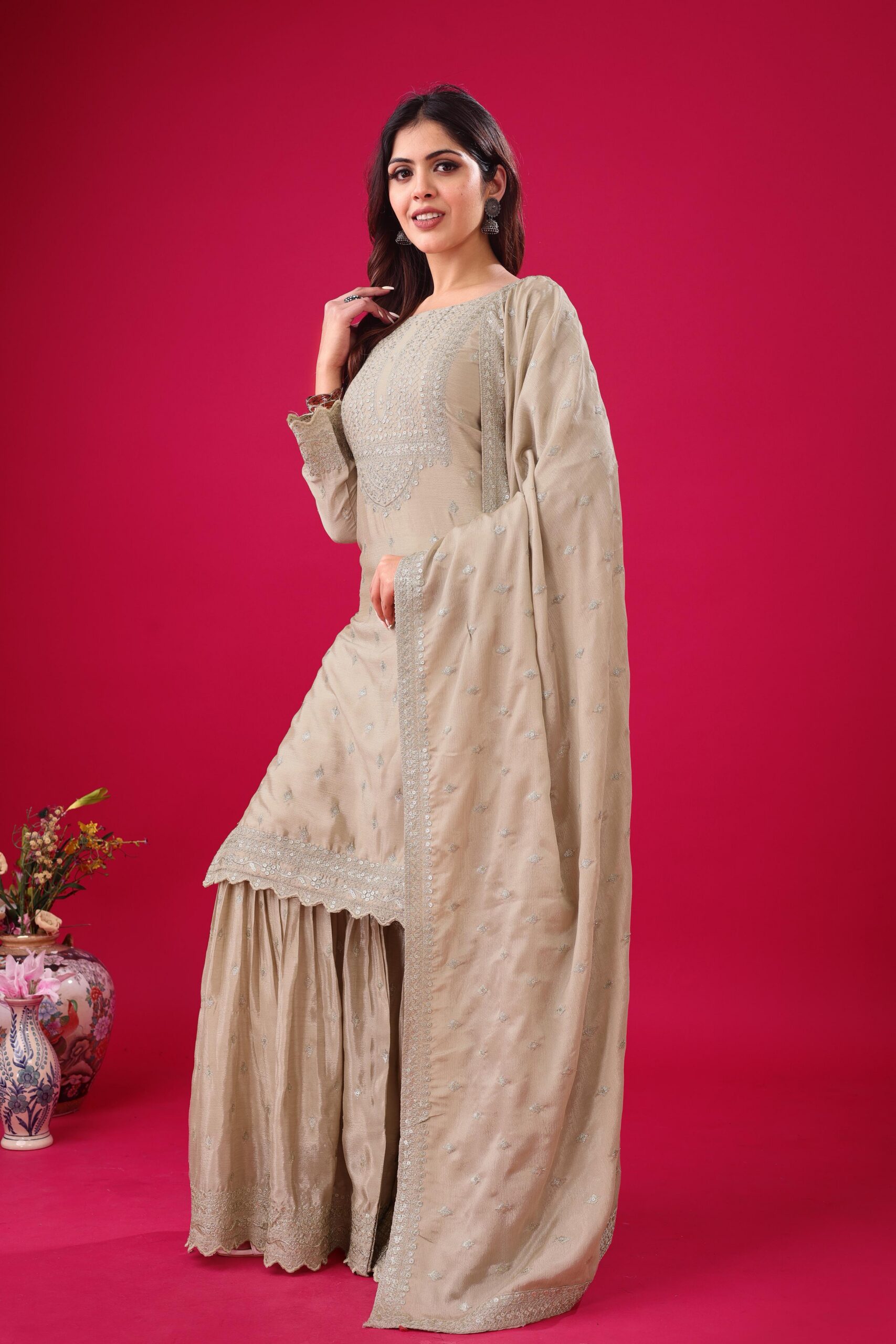 Cream Chinon Silk Sequence Work Salwar Suit - Image 7