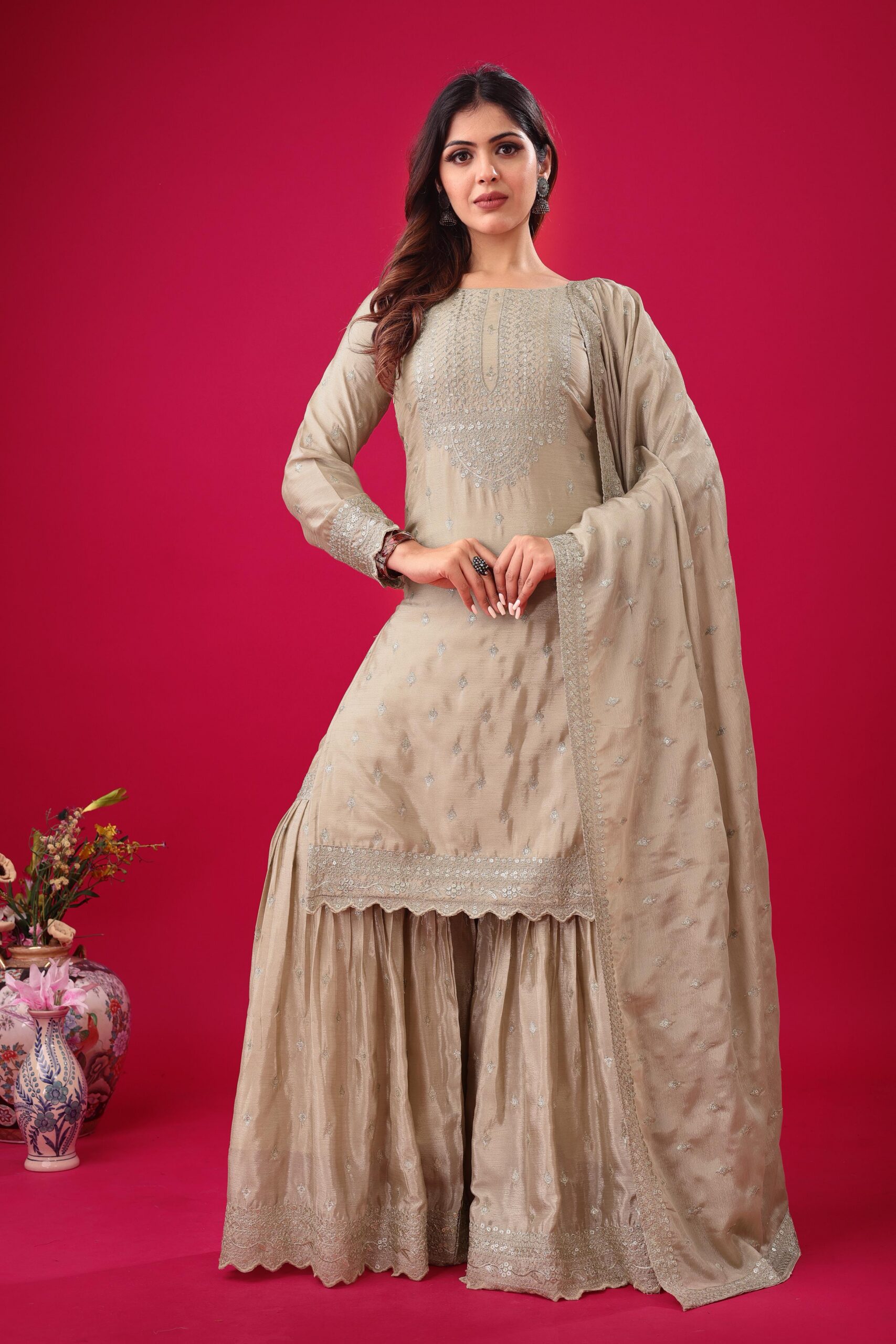 Cream Chinon Silk Sequence Work Salwar Suit - Image 6