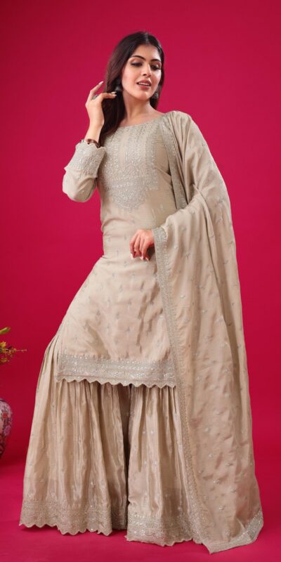 Cream Chinon Silk Sequence Work Salwar Suit