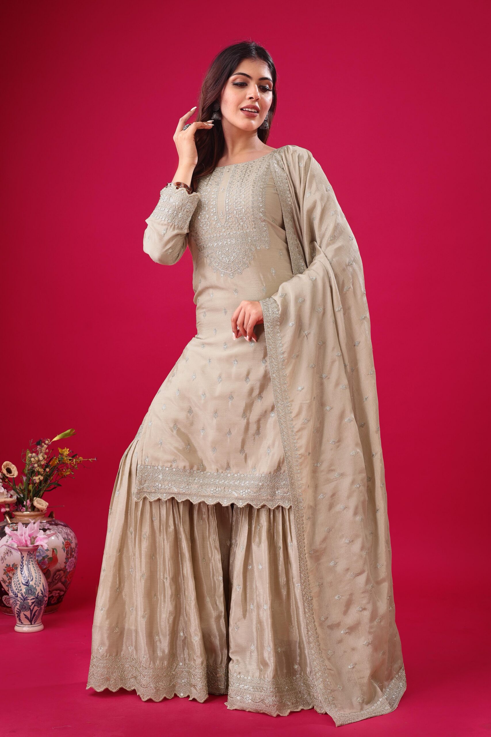 Cream Chinon Silk Sequence Work Salwar Suit