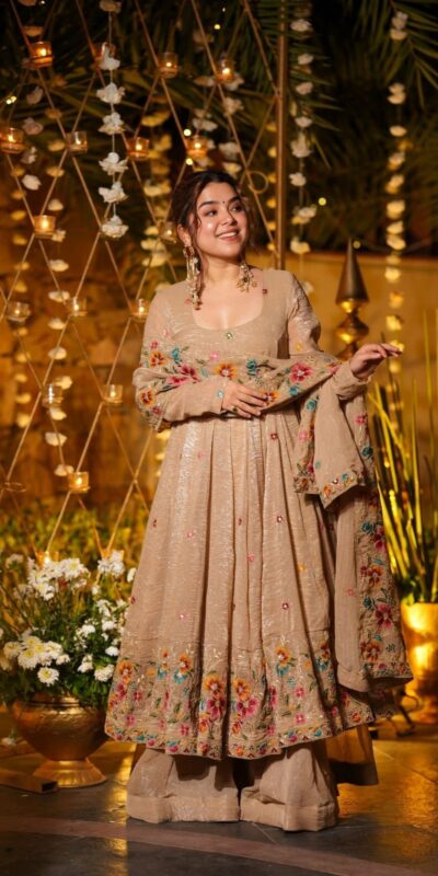 Cream Crunchy Silk Embroidery Work Gown