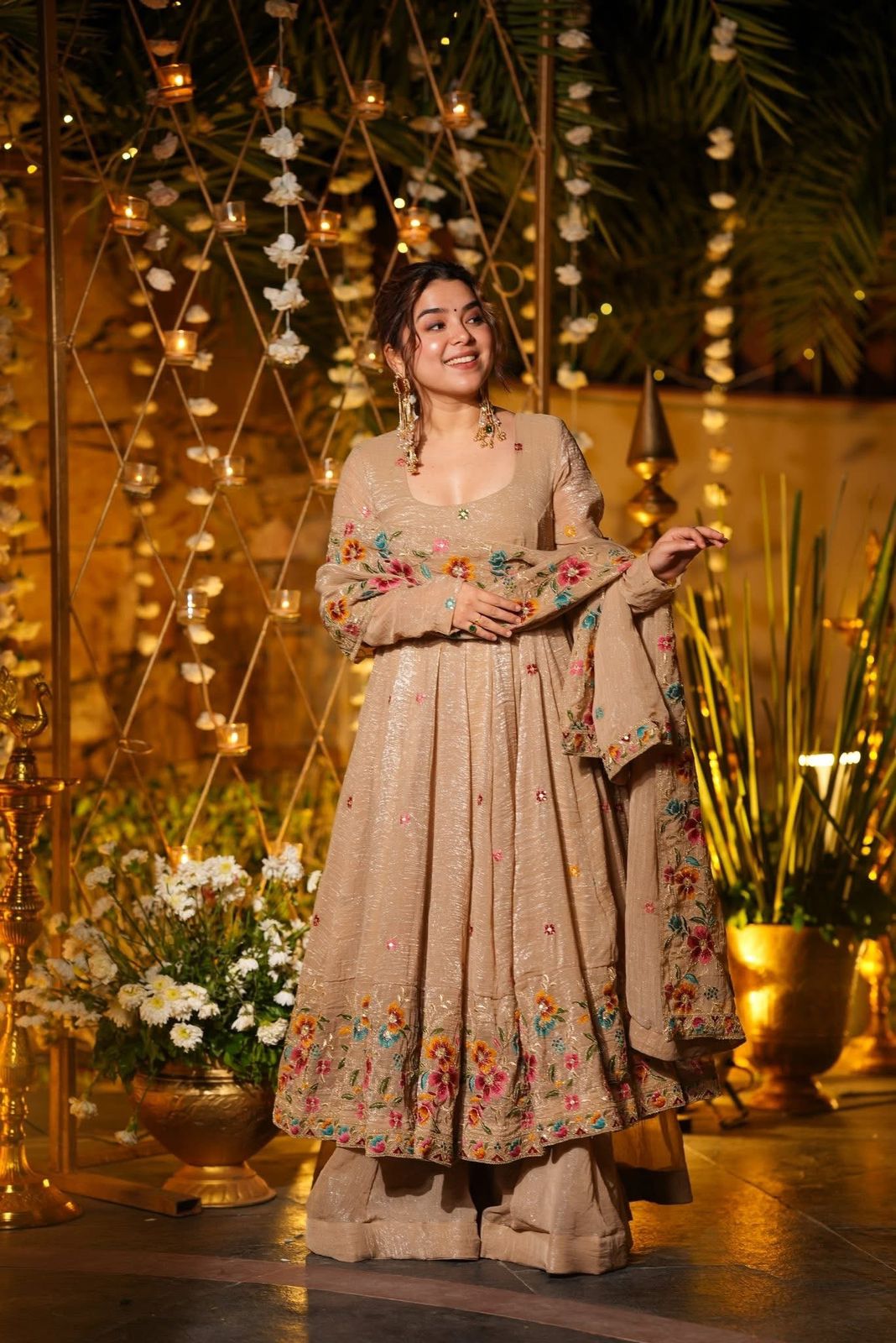 Cream Crunchy Silk Embroidery Work Gown