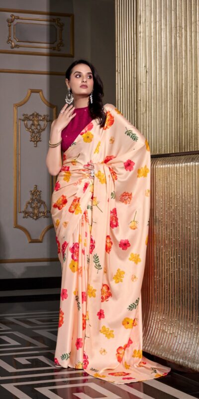 YNF 7026 Cream Color Satin Silk Printed Saree Casual, Wedding, Festive, Events . Expected Delivery 4-6 Working Days @1599/- only | Sarees, Bollywood Sarees, Creative Sarees, Designer Sarees, Embroidered Sarees, Ethnic Saree, Modern Digital sarees, Party Wear Sarees