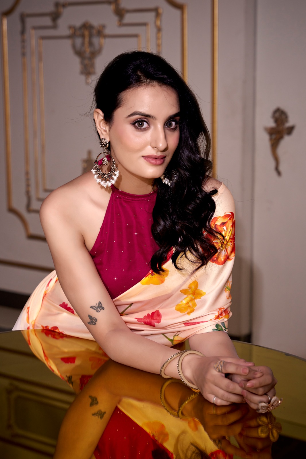 YNF 7026 Cream Color Satin Silk Printed Saree Casual, Wedding, Festive, Events . Expected Delivery 4-6 Working Days @1599/- only | Sarees, Bollywood Sarees, Creative Sarees, Designer Sarees, Embroidered Sarees, Ethnic Saree, Modern Digital sarees, Party Wear Sarees