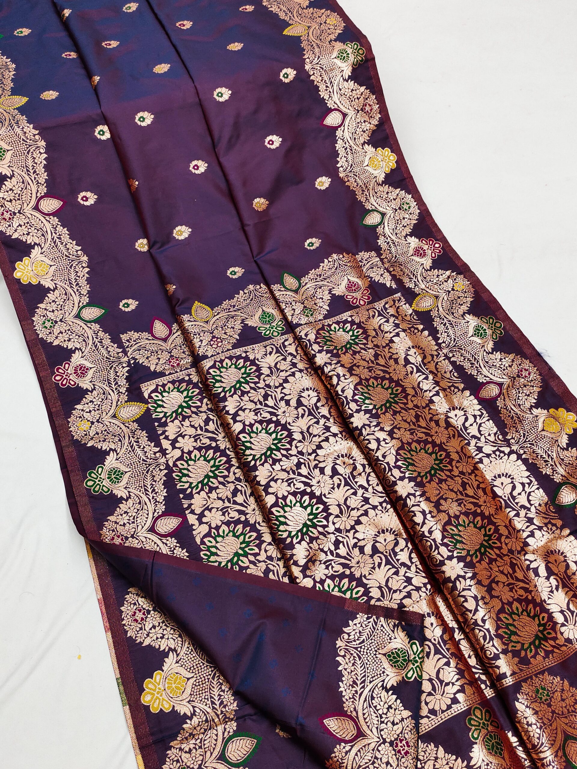 Dark Purple Banarasi Lace Work Gold Zari Border Saree
