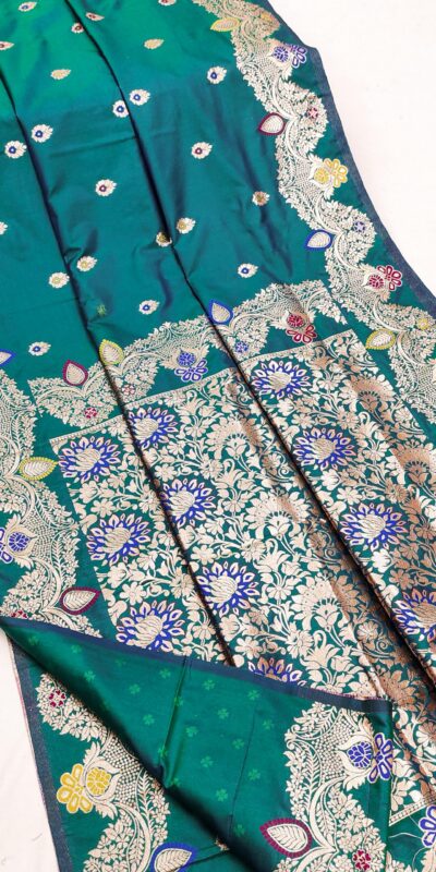 Firozi Banarasi Lace Work Gold Zari Border Saree