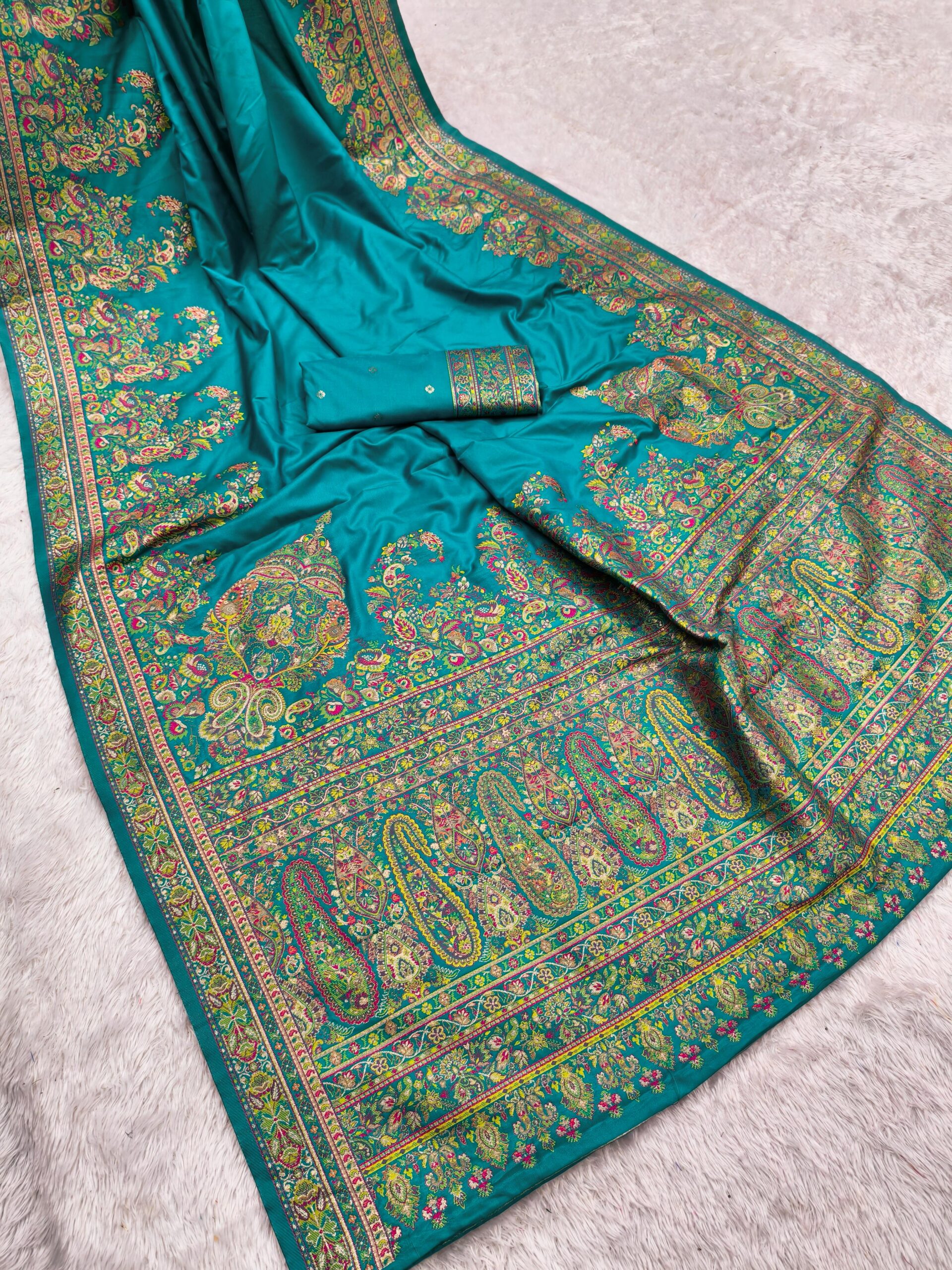 Firozi Pashmina Silk Woven Motifs Saree