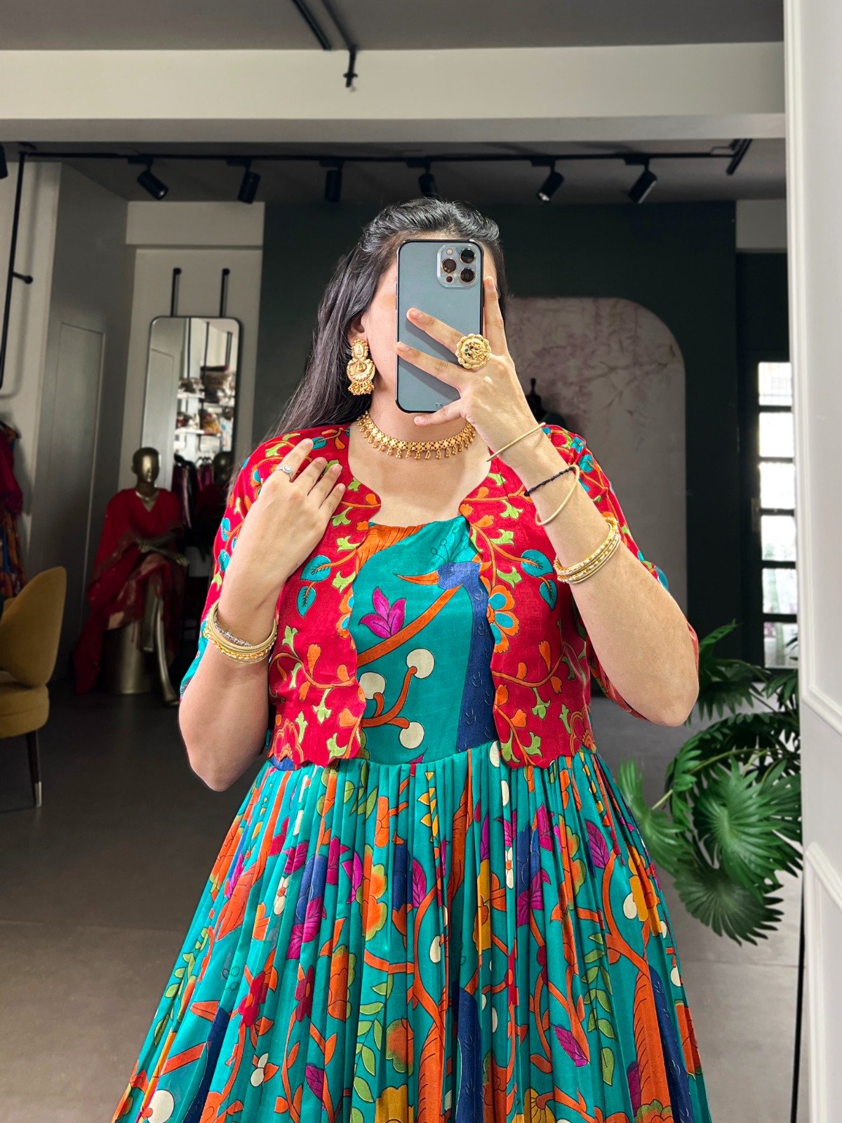 Firozi Taser Silk Zari Work Kalamkari Print Gown - Image 3