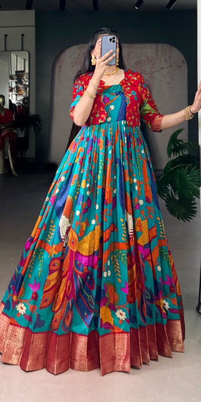 Firozi Taser Silk Zari Work Kalamkari Print Gown