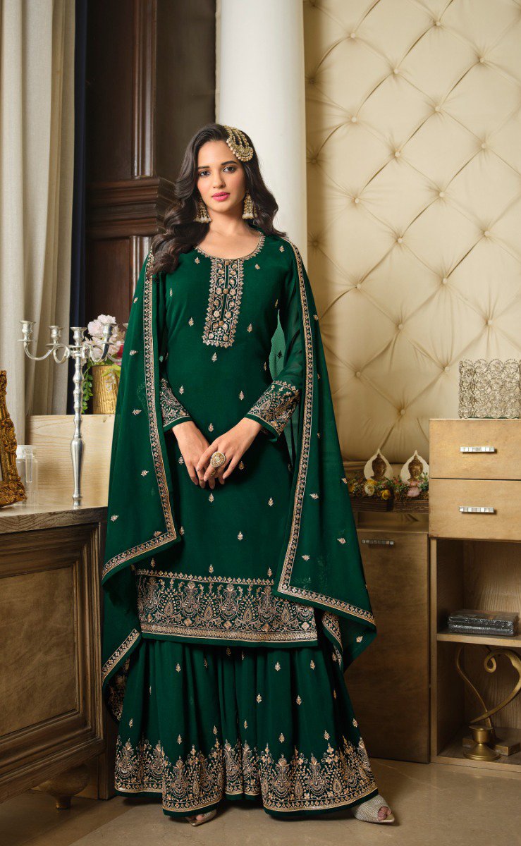 DS LT 8301 Green color Georgette Embroidery Sequence Work Sharara Suit Wedding, Festive, Events Etc. Expected Delivery 4-6 Working Days @2149/- | Jump Suits, Salwar suit, Casual Suits, Creative suits, Designer Suits, Palazzo Suits, Party Wear Suits, Patiala Suits, Straight Suits