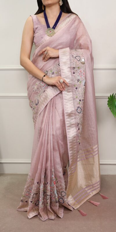 Light Pink Kota Tissue Zari Embroidery Work Saree