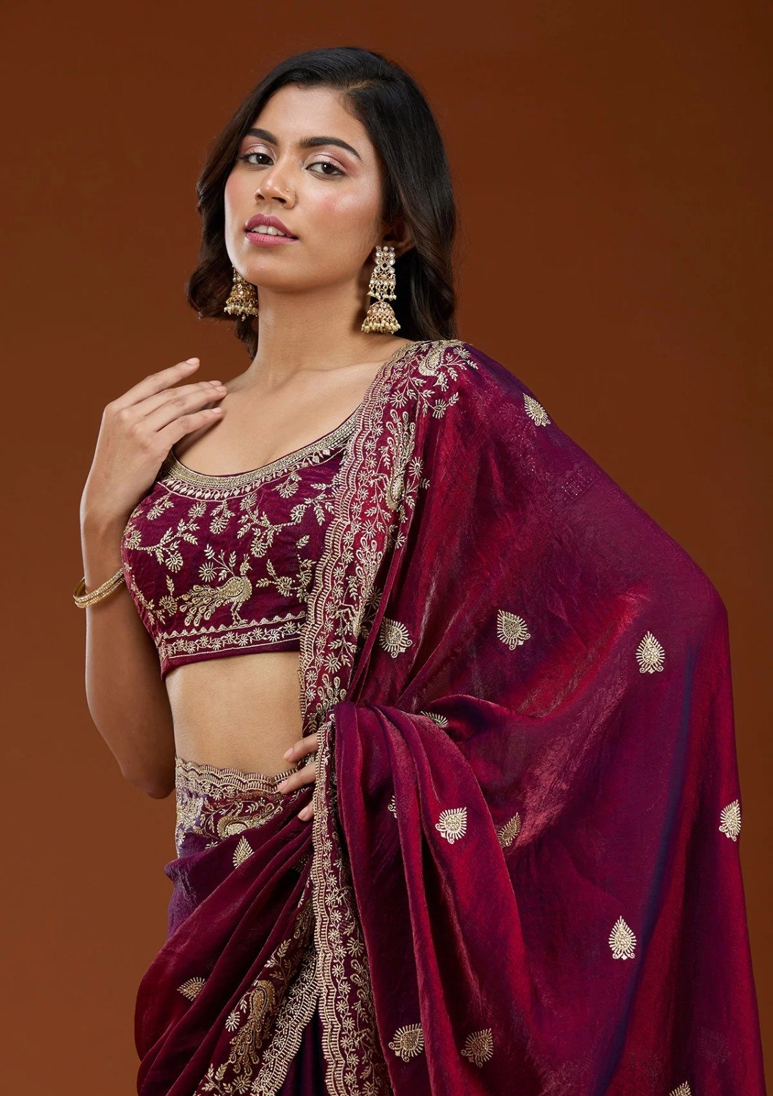 Maroon Fandy Satin Silk Embroidery Work Saree - Image 4
