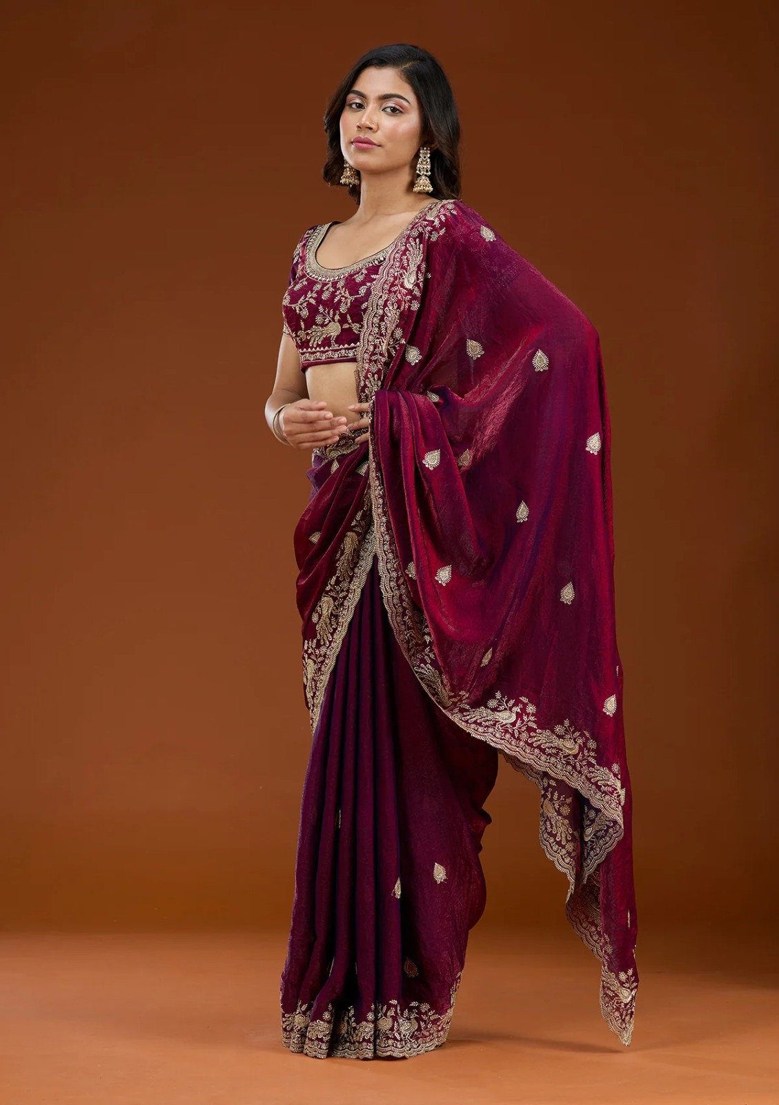 Maroon Fandy Satin Silk Embroidery Work Saree - Image 3