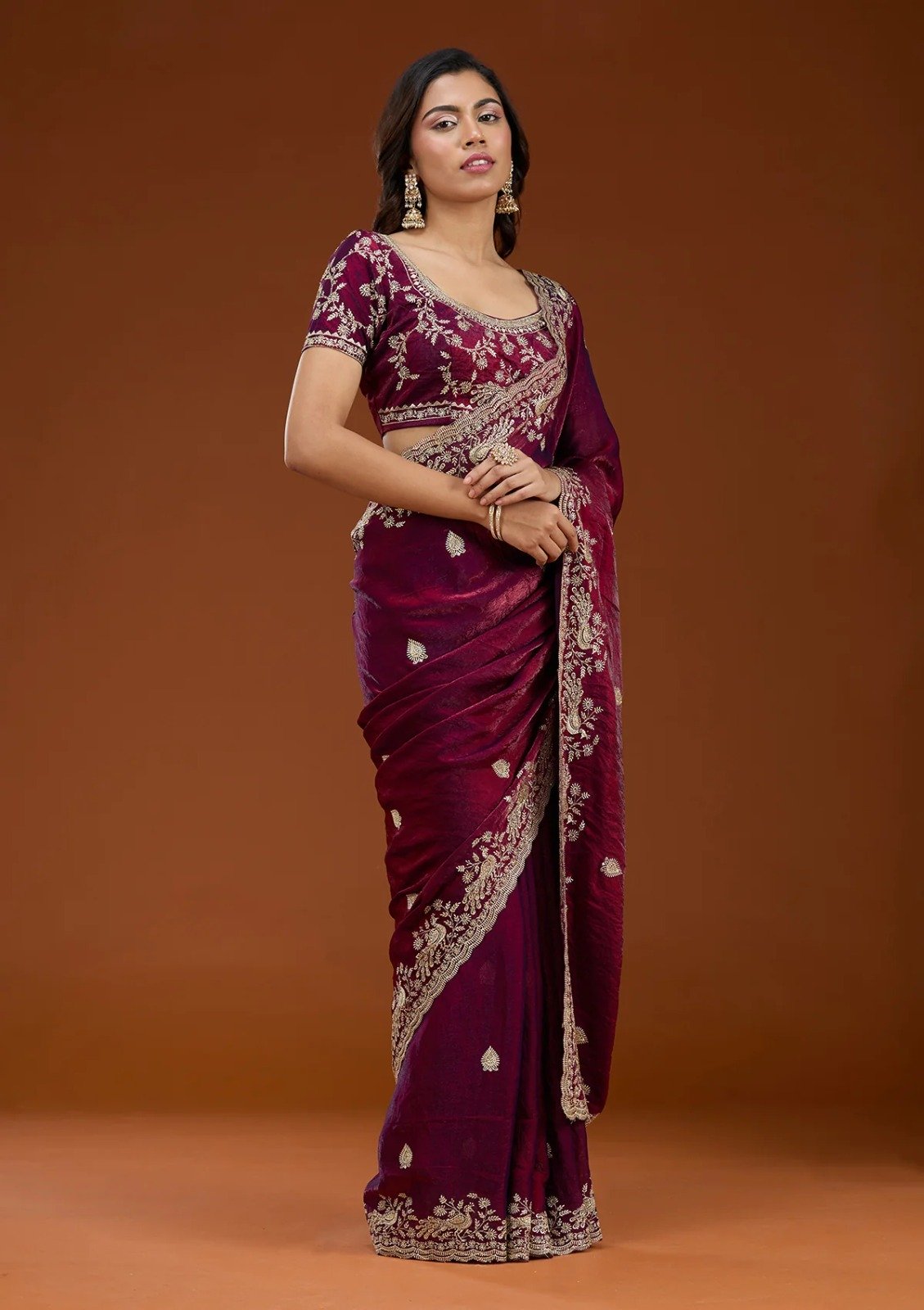 Maroon Fandy Satin Silk Embroidery Work Saree - Image 2