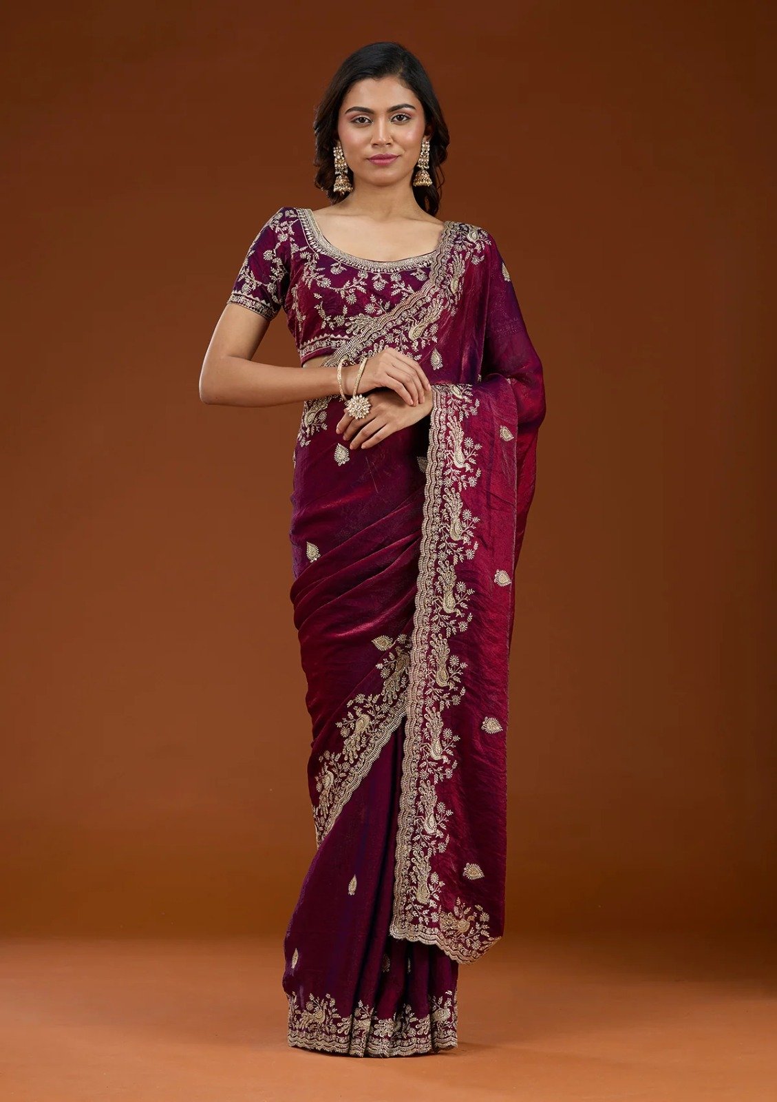 Maroon Fandy Satin Silk Embroidery Work Saree