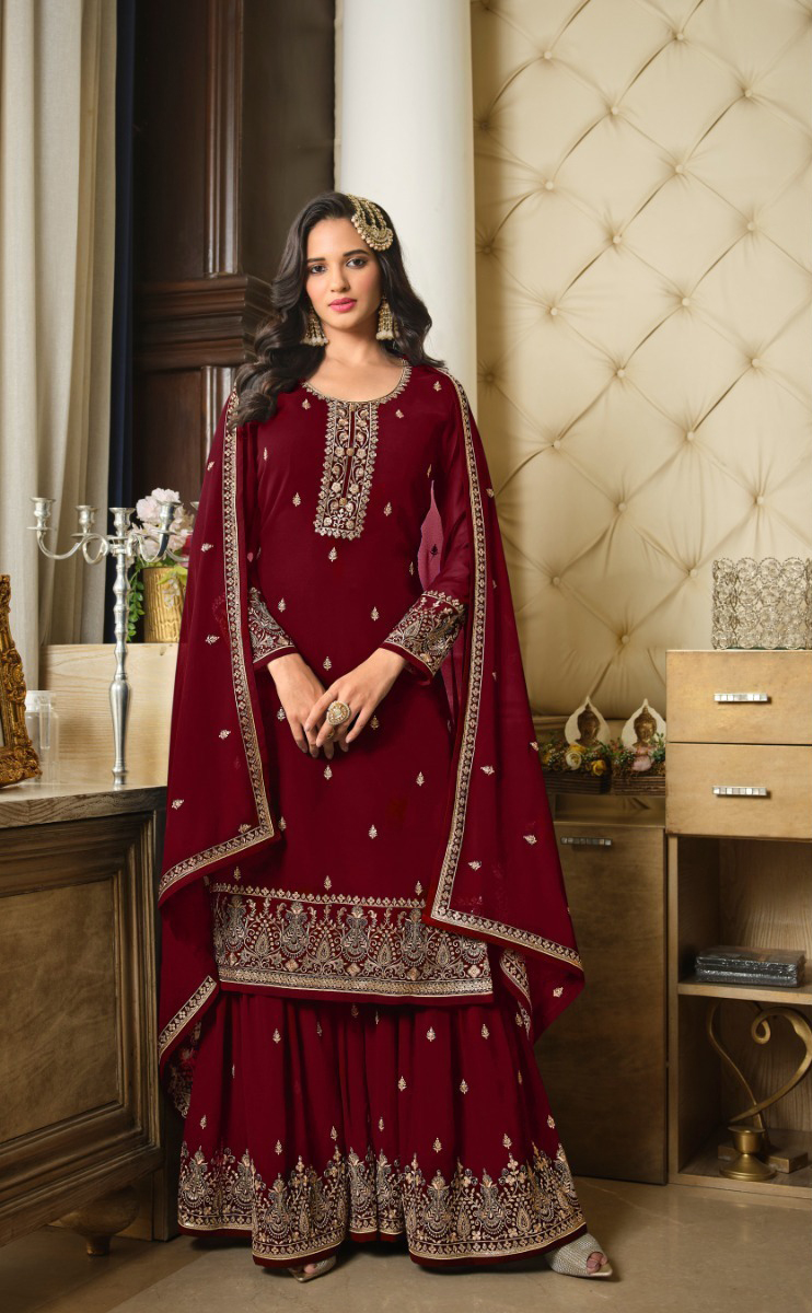 DS LT 8301 Maroon color Georgette Embroidery Sequence Work Sharara Suit Wedding, Festive, Events Etc. Expected Delivery 4-6 Working Days @2149/- | Jump Suits, Salwar suit, Casual Suits, Creative suits, Designer Suits, Palazzo Suits, Party Wear Suits, Patiala Suits, Straight Suits