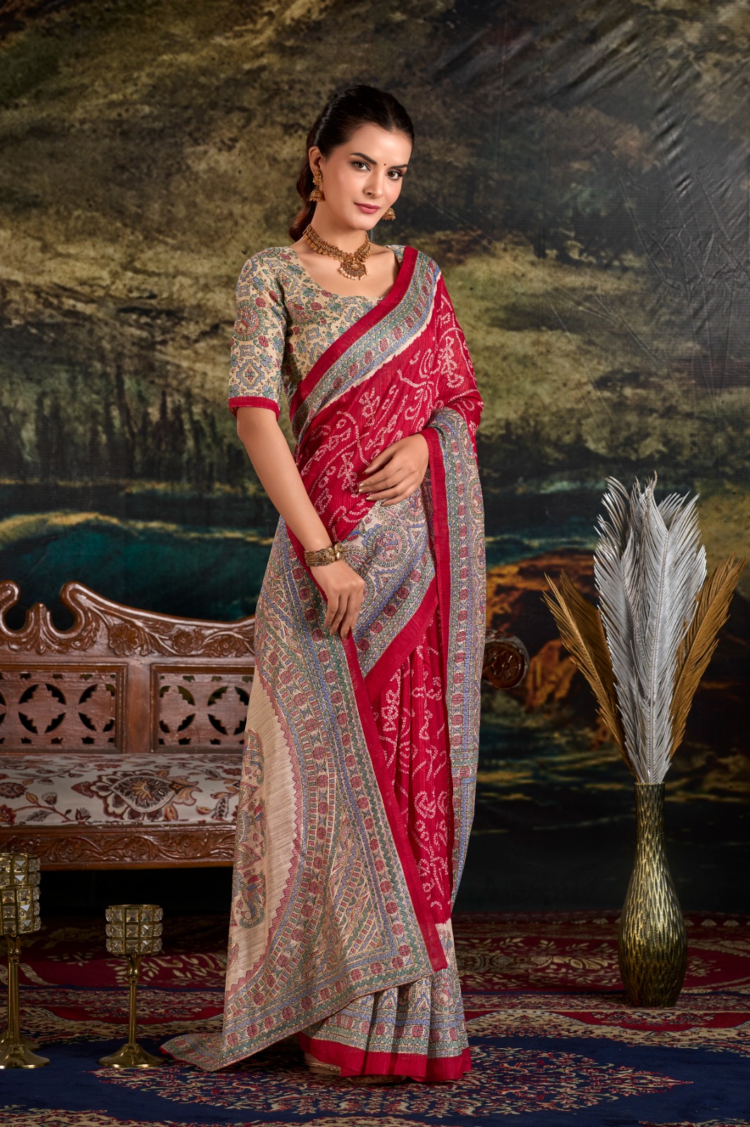 YNF 7209 Maroon Color Green Silk Fusion Print Madhubani Bandhej Saree Casual, Wedding, Festive, Events . Expected Delivery 4-6 Working Days @1499/- only | Sarees, Bollywood Sarees, Creative Sarees, Designer Sarees, Embroidered Sarees, Ethnic Saree, Modern Digital sarees, Party Wear Sarees