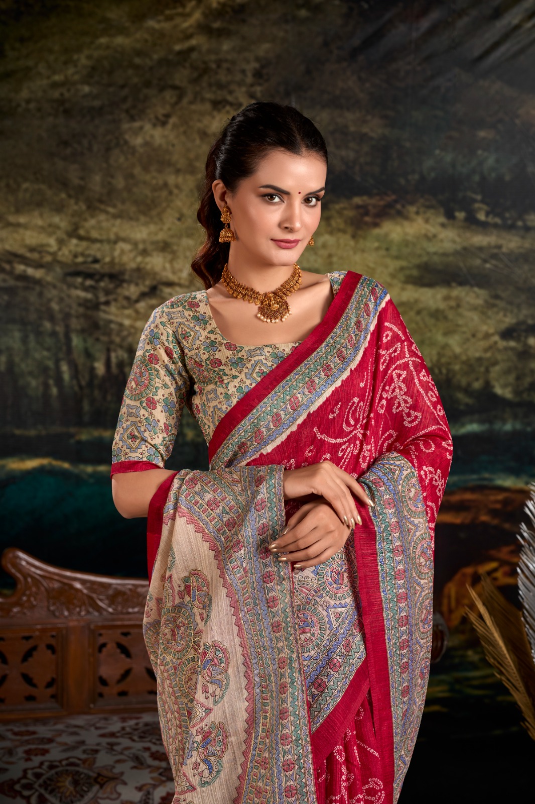 YNF 7209 Maroon Color Green Silk Fusion Print Madhubani Bandhej Saree Casual, Wedding, Festive, Events . Expected Delivery 4-6 Working Days @1499/- only | Sarees, Bollywood Sarees, Creative Sarees, Designer Sarees, Embroidered Sarees, Ethnic Saree, Modern Digital sarees, Party Wear Sarees