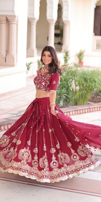 KA 5052 Maroon Vichitra Silk Lehenga Choli Perfect for Wedding, Party, Baby Shower, Cultural Events, Pooja – . Exclusive Offer ₹2599. Delivery 4-6 Wo | Lehenga, Bollywood Lehenga, Creative Lehenga, Designer Lehenga, Embroidered Lehenga, Party Wear Lehenga