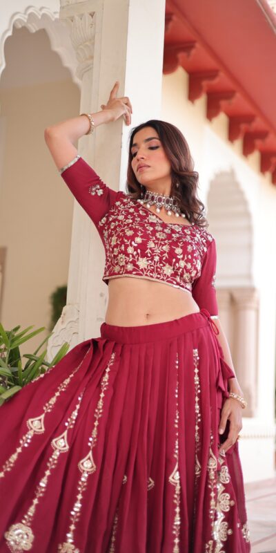 KA 5052 Maroon Vichitra Silk Lehenga Choli Perfect for Wedding, Party, Baby Shower, Cultural Events, Pooja – . Exclusive Offer ₹2599. Delivery 4-6 Wo | Lehenga, Bollywood Lehenga, Creative Lehenga, Designer Lehenga, Embroidered Lehenga, Party Wear Lehenga