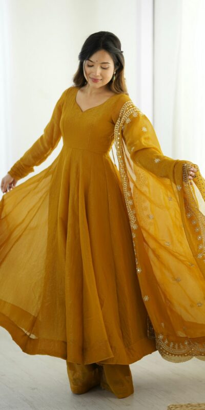 Mustard Fandy Silk Embroidery Work Gown