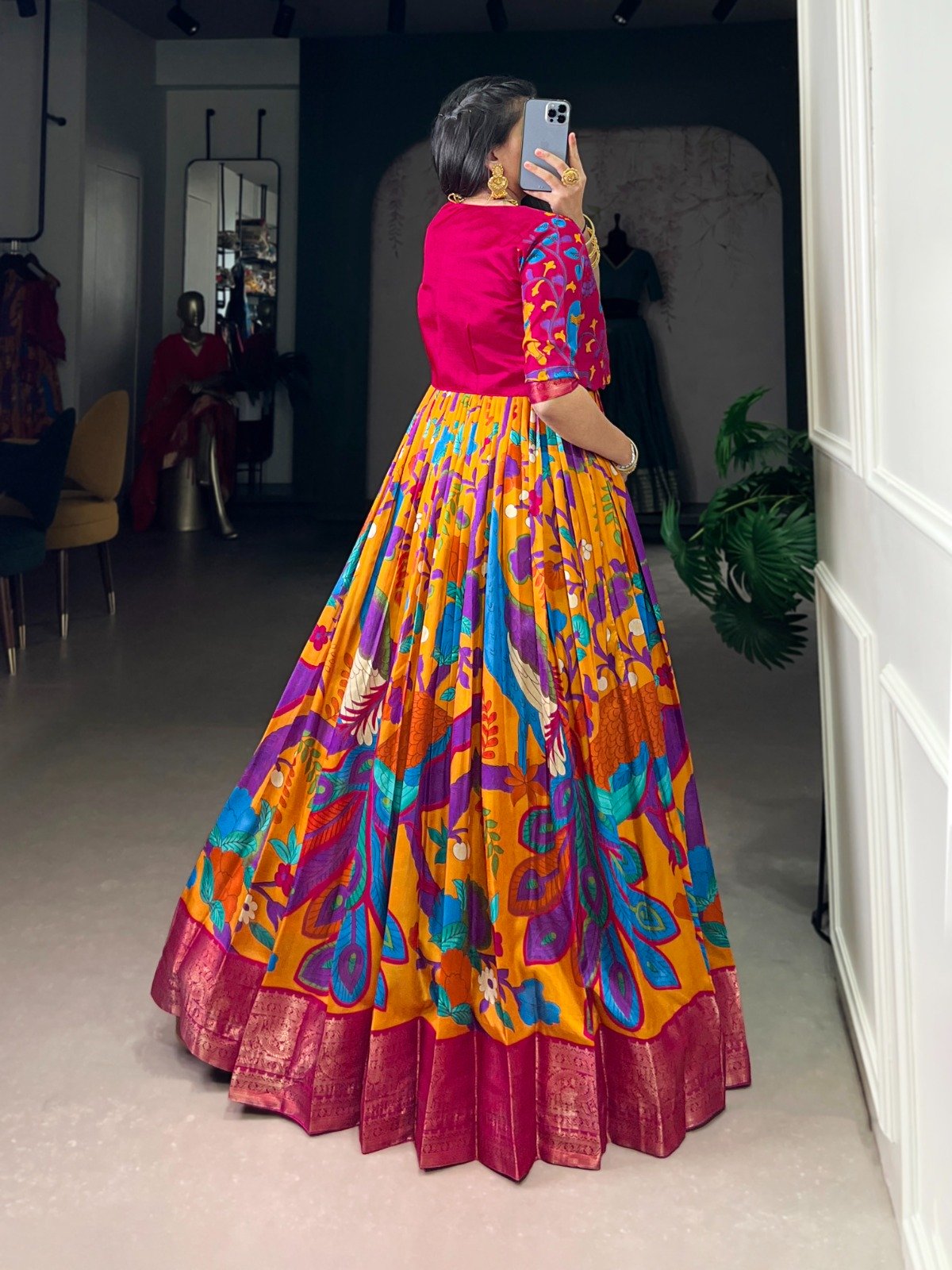 Mustard Taser Silk Zari Work Kalamkari Print Gown - Image 4