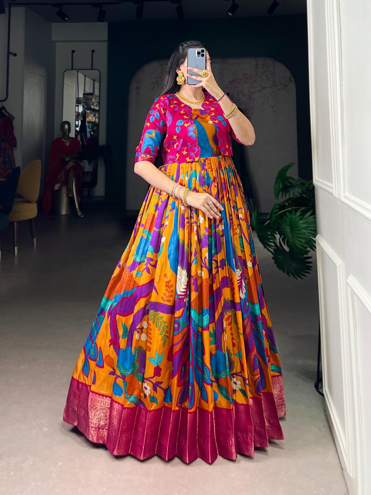 Mustard Taser Silk Zari Work Kalamkari Print Gown - Image 3