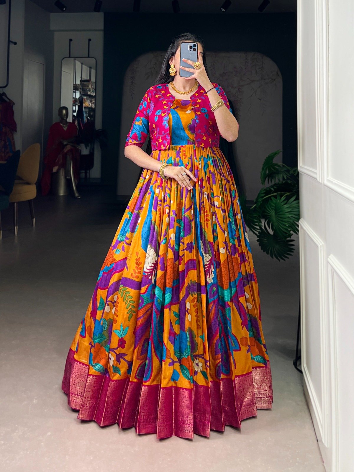 Mustard Taser Silk Zari Work Kalamkari Print Gown