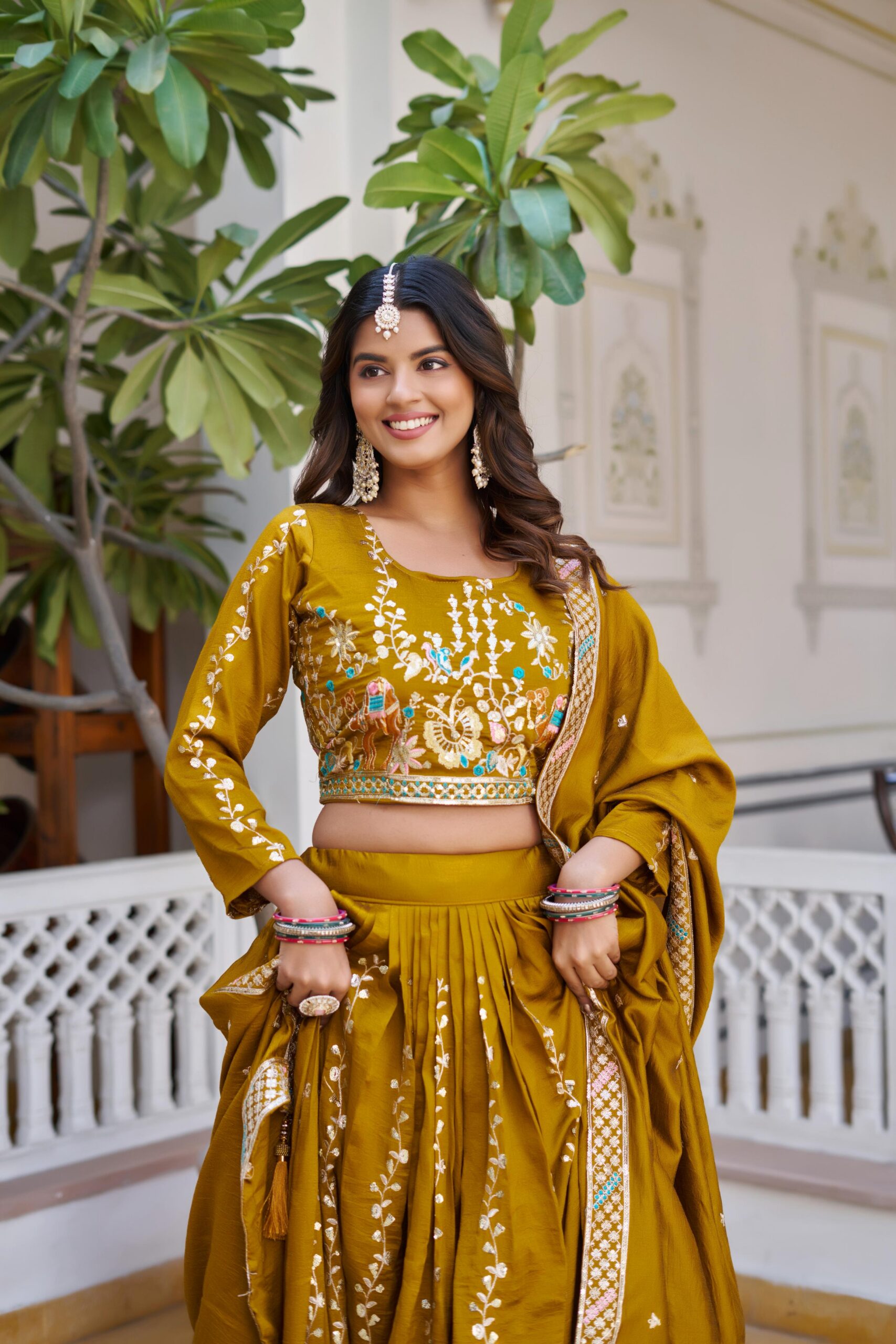 Ram 150 Mustered Color Vichitra Lehenga Choli with Embroidery Work. Grab it for ₹3049. Delivery 4-6 Working Days. Shop now. | Lehenga, Bollywood Lehenga, Creative Lehenga, Designer Lehenga, Embroidered Lehenga, Party Wear Lehenga