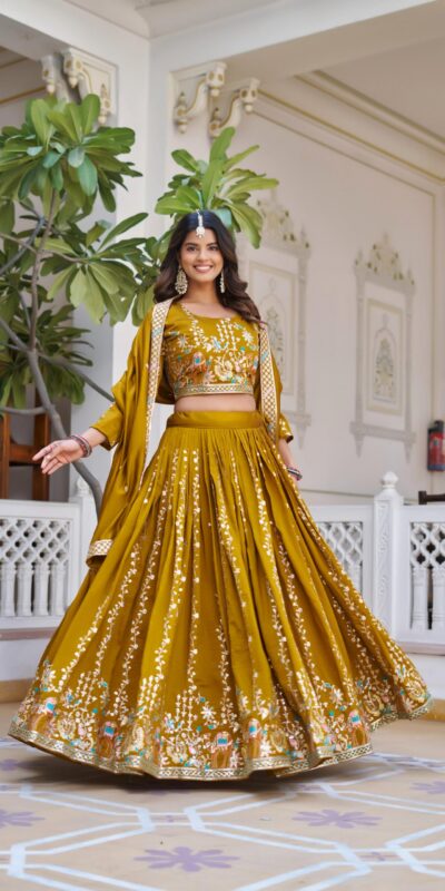 Ram 150 Mustered Color Vichitra Lehenga Choli with Embroidery Work. Grab it for ₹3049. Delivery 4-6 Working Days. Shop now. | Lehenga, Bollywood Lehenga, Creative Lehenga, Designer Lehenga, Embroidered Lehenga, Party Wear Lehenga