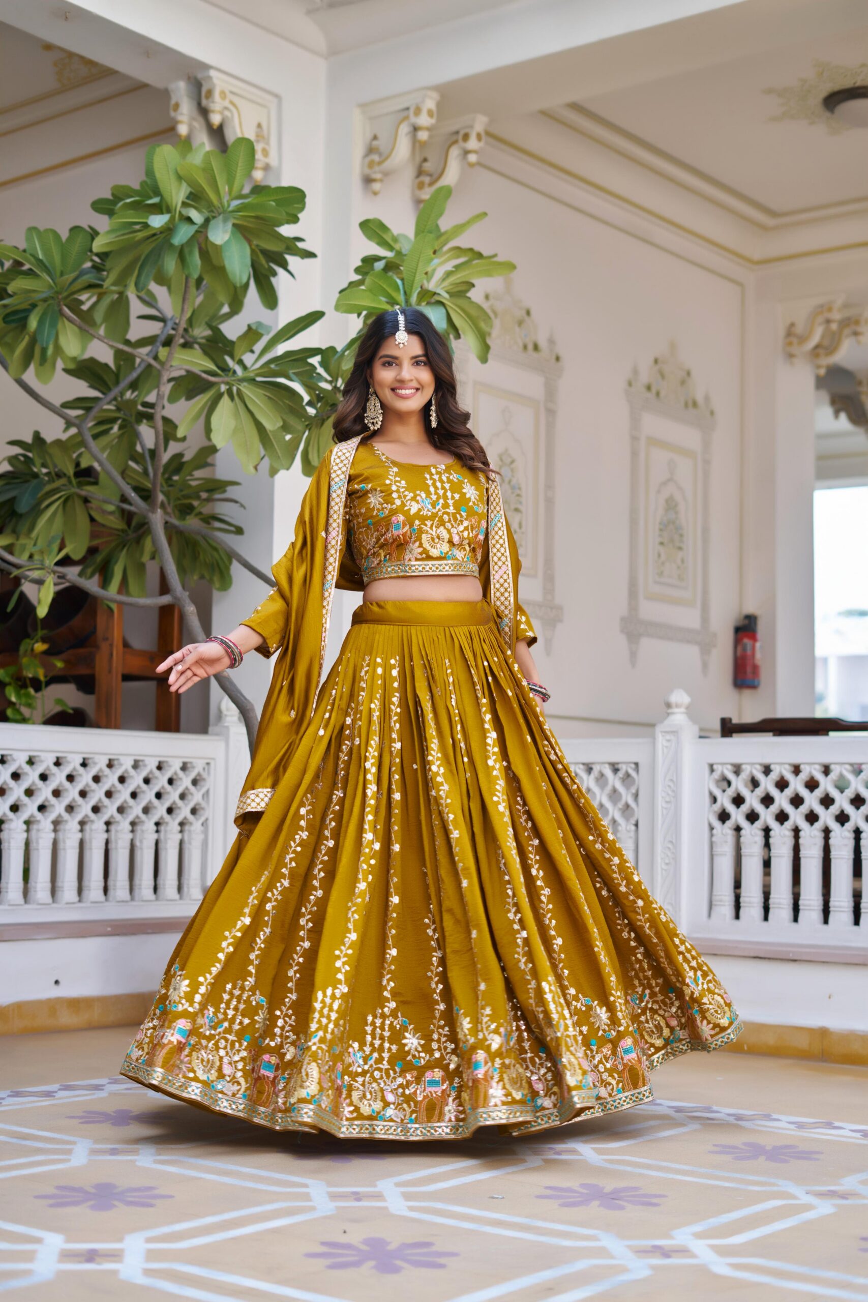 Ram 150 Mustered Color Vichitra Lehenga Choli with Embroidery Work. Grab it for ₹3049. Delivery 4-6 Working Days. Shop now. | Lehenga, Bollywood Lehenga, Creative Lehenga, Designer Lehenga, Embroidered Lehenga, Party Wear Lehenga