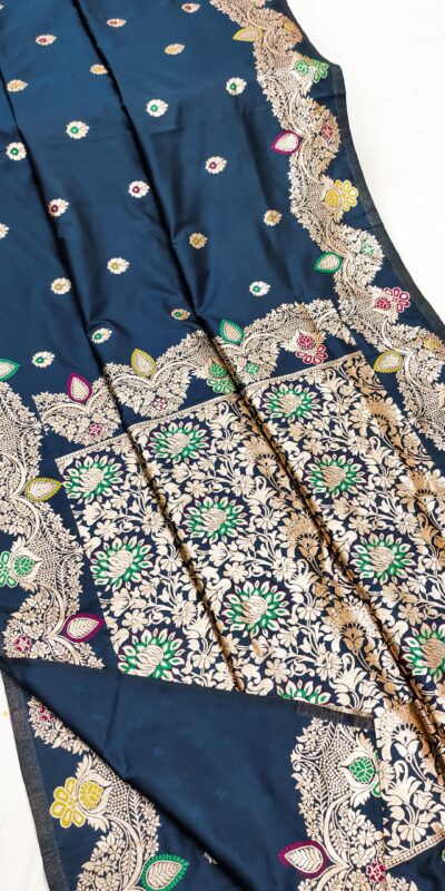 Navy Blue Banarasi Lace Work Gold Zari Border Saree