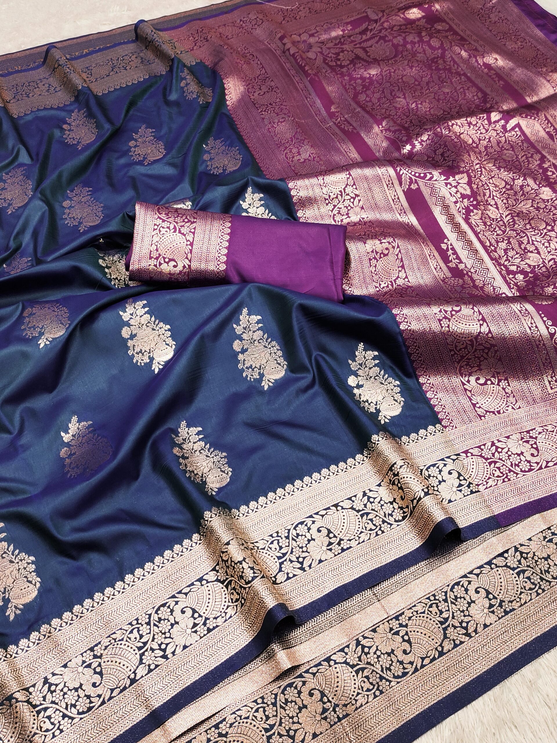 Navy Blue Banarasi Silk Zari Lace Work All Over Saree