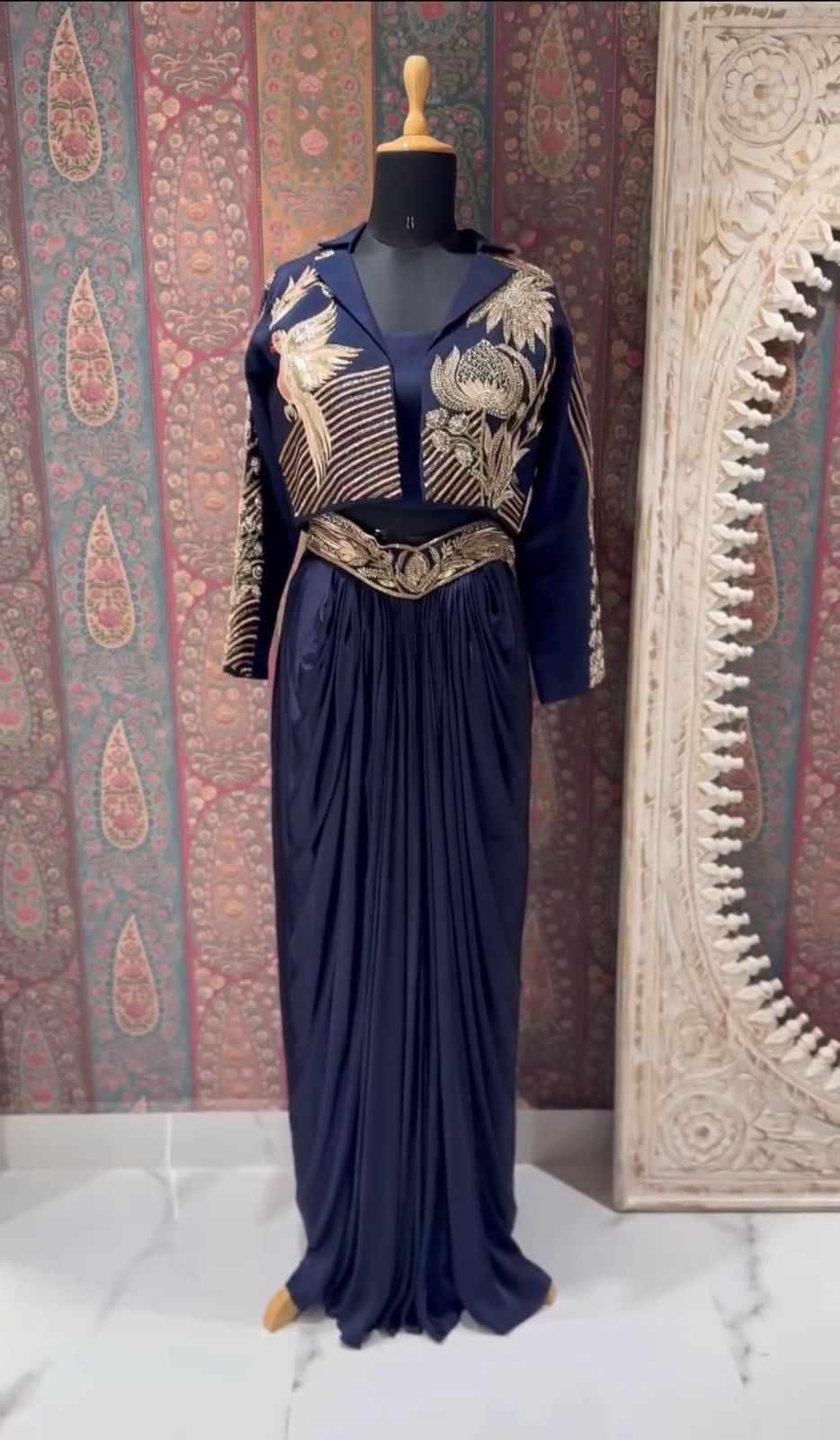 Navy Blue French Crape Embroidery Work Dhoti Suit