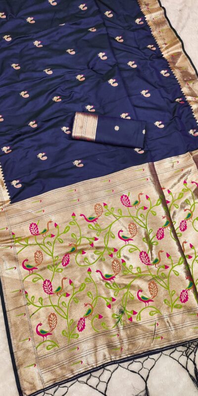 Navy Blue Soft Paithani Silk Lace Zari Work Saree