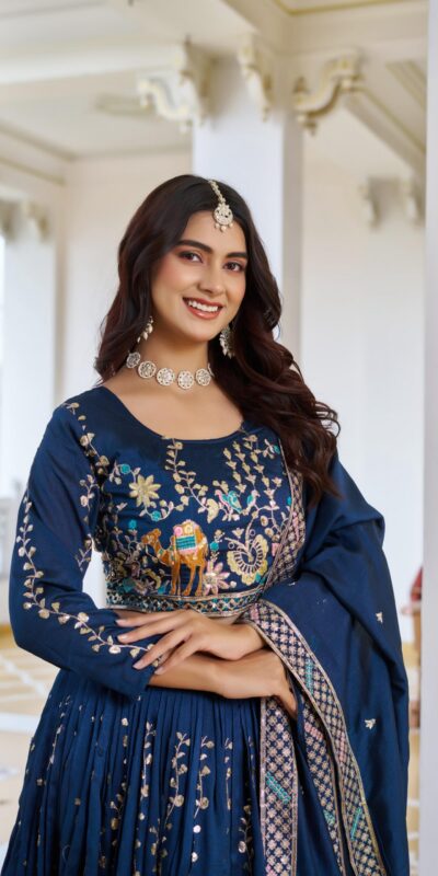 Ram 150 Navy Blue Color Vichitra Lehenga Choli with Embroidery Work. Grab it for ₹3049. Delivery 4-6 Working Days. Shop now. | Lehenga, Bollywood Lehenga, Creative Lehenga, Designer Lehenga, Embroidered Lehenga, Party Wear Lehenga