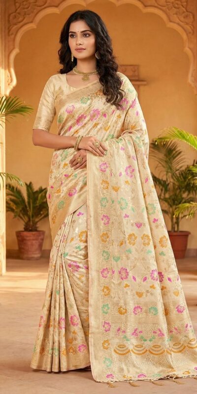 Off White Banarasi Silk Zari Work All Over Saree