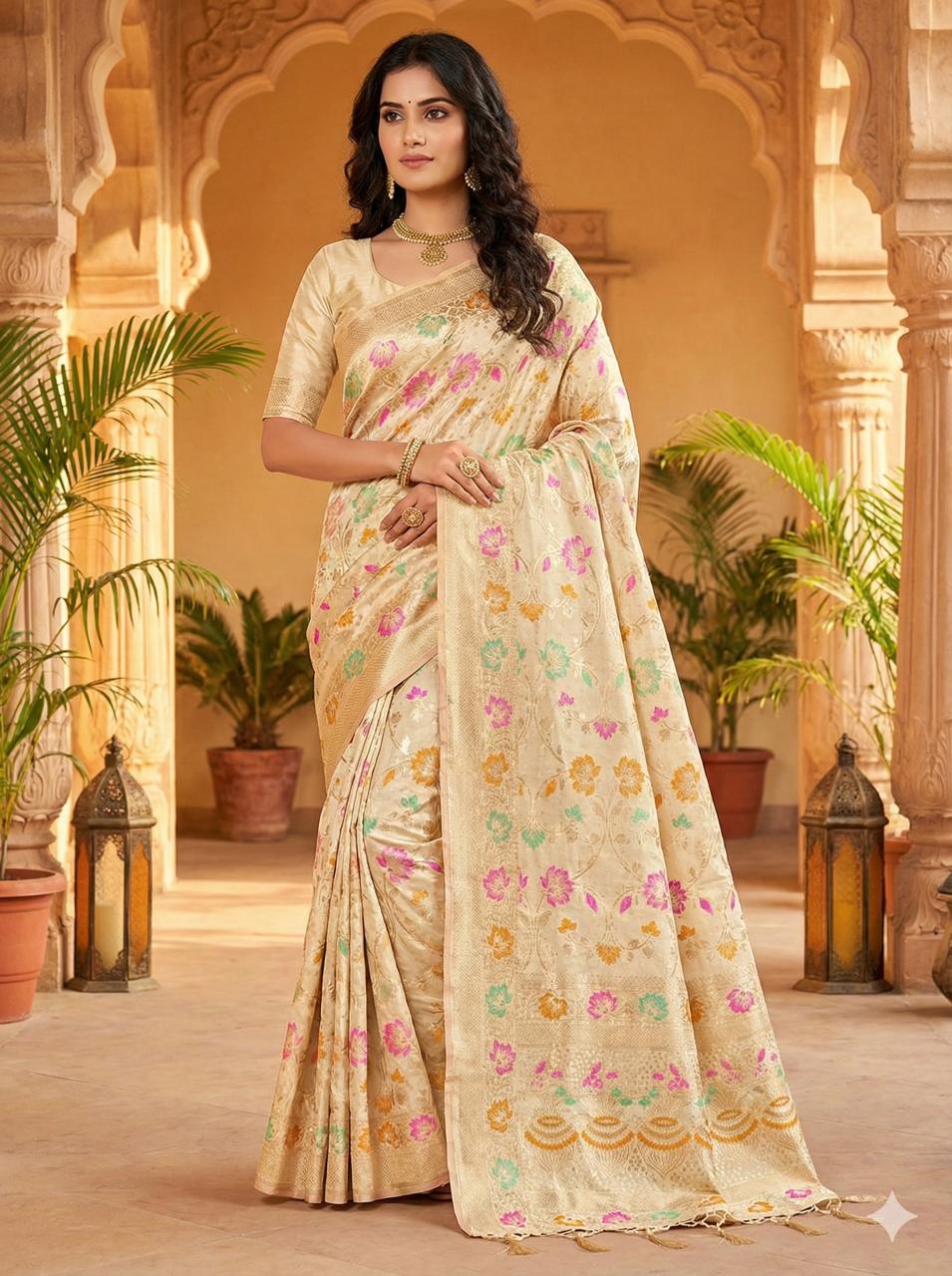 Off White Banarasi Silk Zari Work All Over Saree