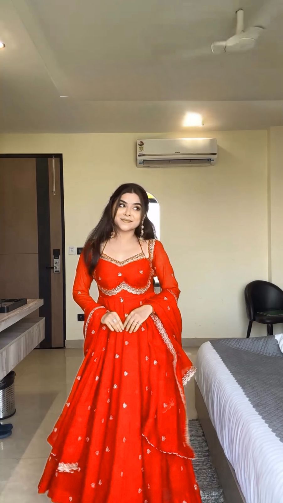 Orange Georgette Embroidery Work Gown