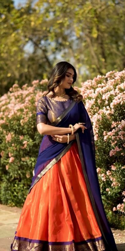 LNB 2001 Orange Color Peaceful Kanchipuram Zari Weaving Lehenga Choli Wedding, Festive, Events Expected DeliveryΒ 4-6 Working Days@2199/- Only | Lehenga, Bollywood Lehenga, Creative Lehenga, Designer Lehenga, Embroidered Lehenga, Party Wear Lehenga